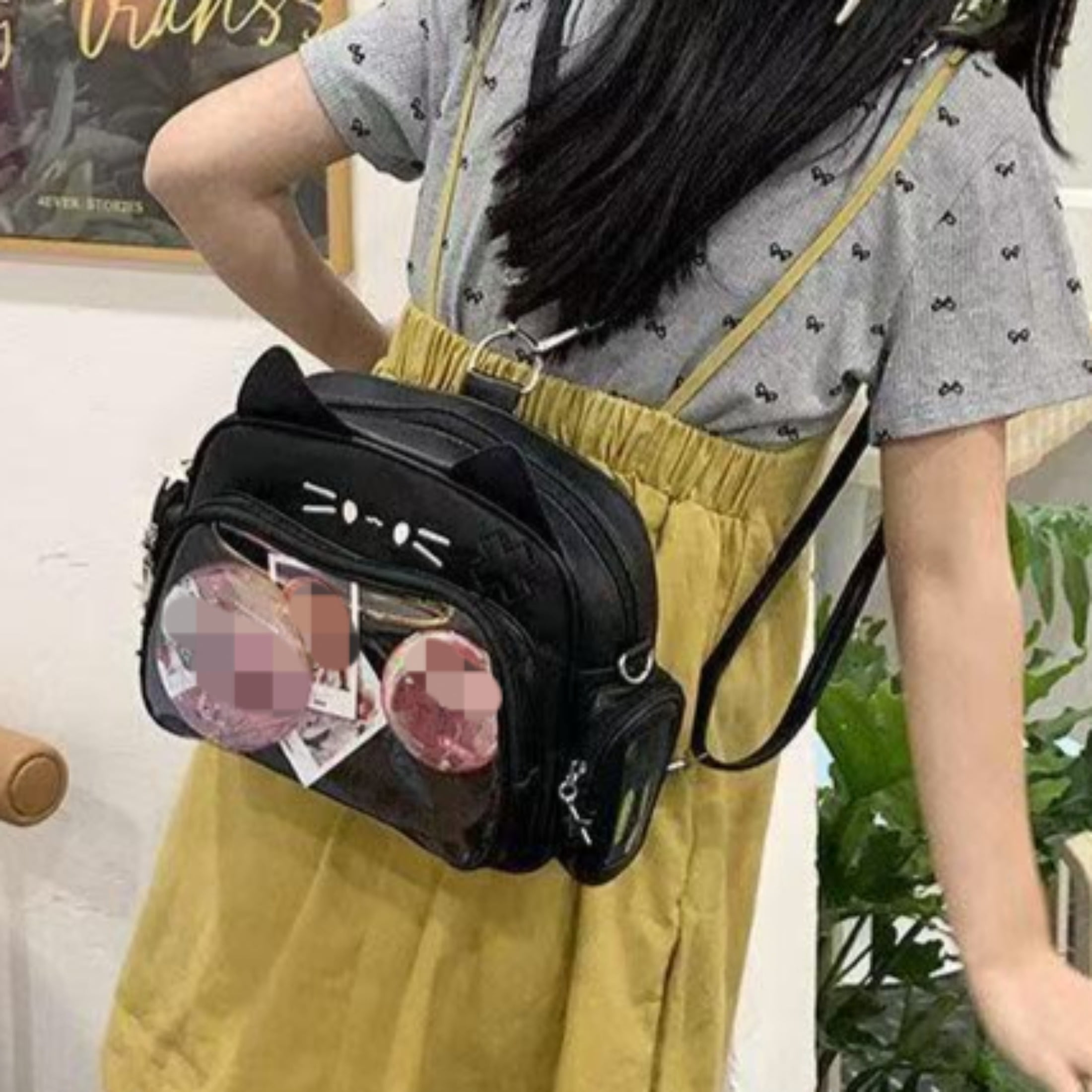 Cat Ita Bag with Clear Pin Window, Cute Anime Backpack, Pin Display Backpack, Kawaii Japanese PU Leather Y2k Aesthetic Shoulder Crossbody Bag