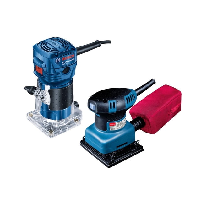 Router Bosch GKF 550W + Lijadora Orbital DC 1/4 hoja 200W azul Estándar