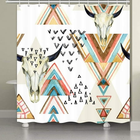 Western Boho Shower Curtain Southwestern Native Trible Bull Skull Bohemian Geometric Pattern Bathroom Shower Curtain Waterproof Fabric Bath Curtains with Hooks