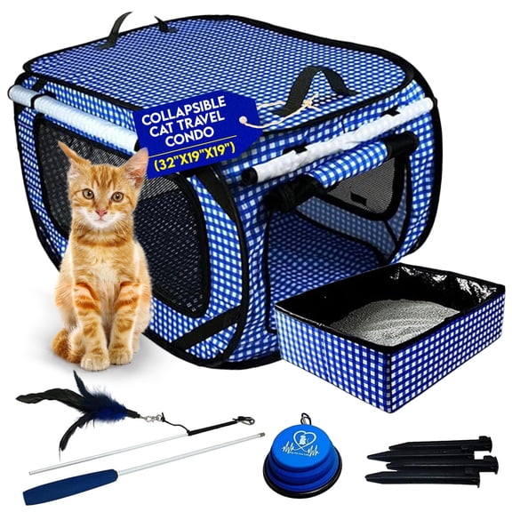 Pet Fit For Life Extra Large Cat Carrier for Travel - Foldable & Portable Collapsible Kennel with Litter Box, Feather Toy & Water/Food Bowl - Ideal for Cars, Long Trips & Indoor Cats - Blue Checkers