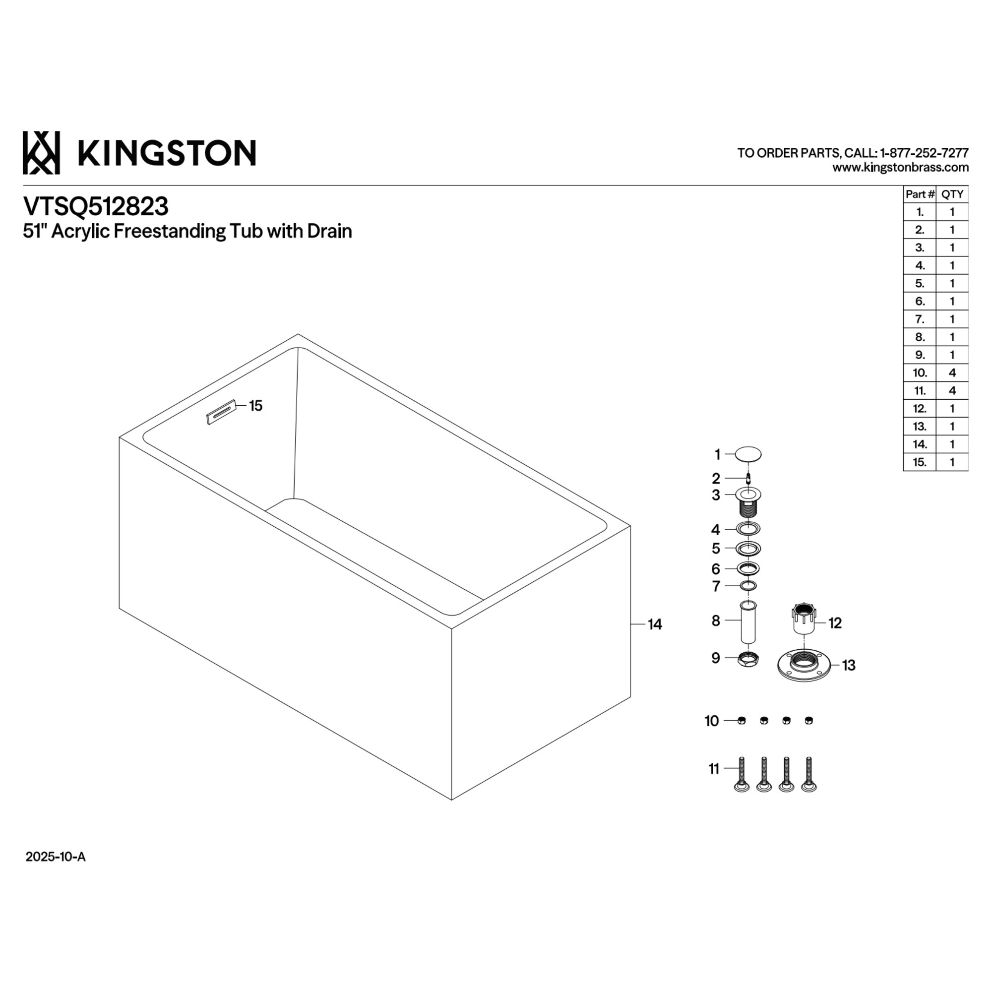 Kingston Brass VTSQ512823 51-Inch Acrylic Rectangular Double Ended Freestanding Tub with Drain in Glossy White