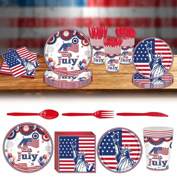 Goattoy Summer Savings!Independence Day Decor Independence Day Party Tableware Tablecloth Paper Cups Tissue Knife fork Spoon Party Props Decoration Set