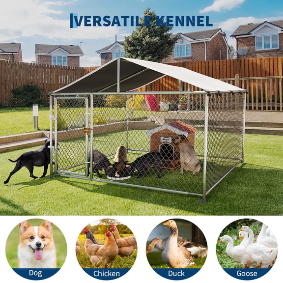 BouPower 7.5'x7.5' Large Outdoor Dog Kennel for Large Dogs,Galvanized Steel Dog Crate with Roof,Heavy Duty Dog Enclosure with Wire Mesh Fence,Lock & Waterproof Cover