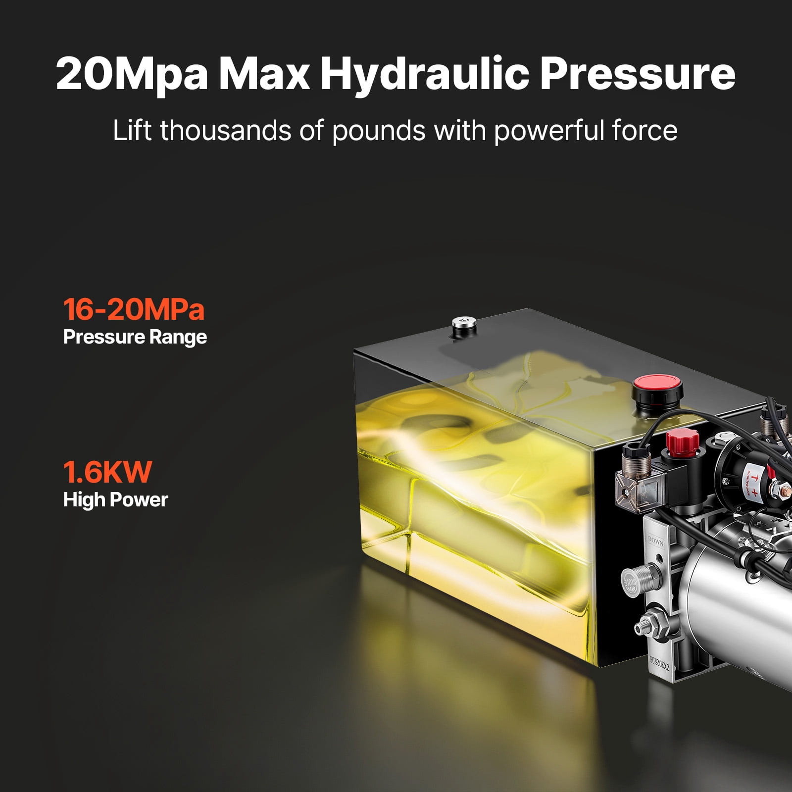 KFFKFF 10 Quart Hydraulic Pump, Double Acting Hydraulic Trailer Pump, 3200 PSI Max Pressure, 0.91 GPM Flow Rate, DC12V 1.6KW Power Unit for Dump Trailer and Vehicle Lifting (Horizontal Setup)