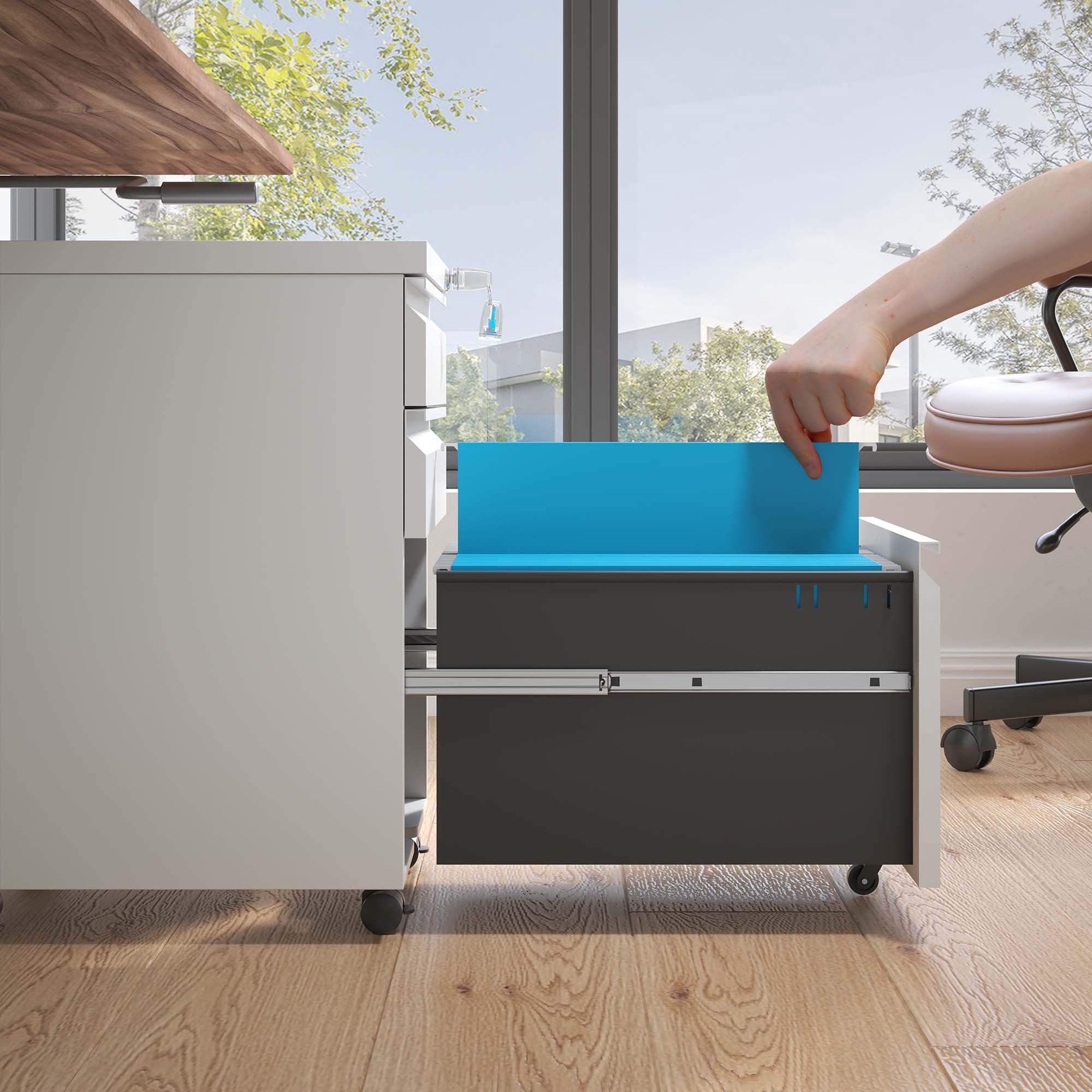IKIMI 3 Drawer Metal Mobile File Cabinet Under Desk Vertical File Cabinet with Lock on Wheels Office Rolling Storage Cabinets for Legal/Letter/A4 File Fully Assembled