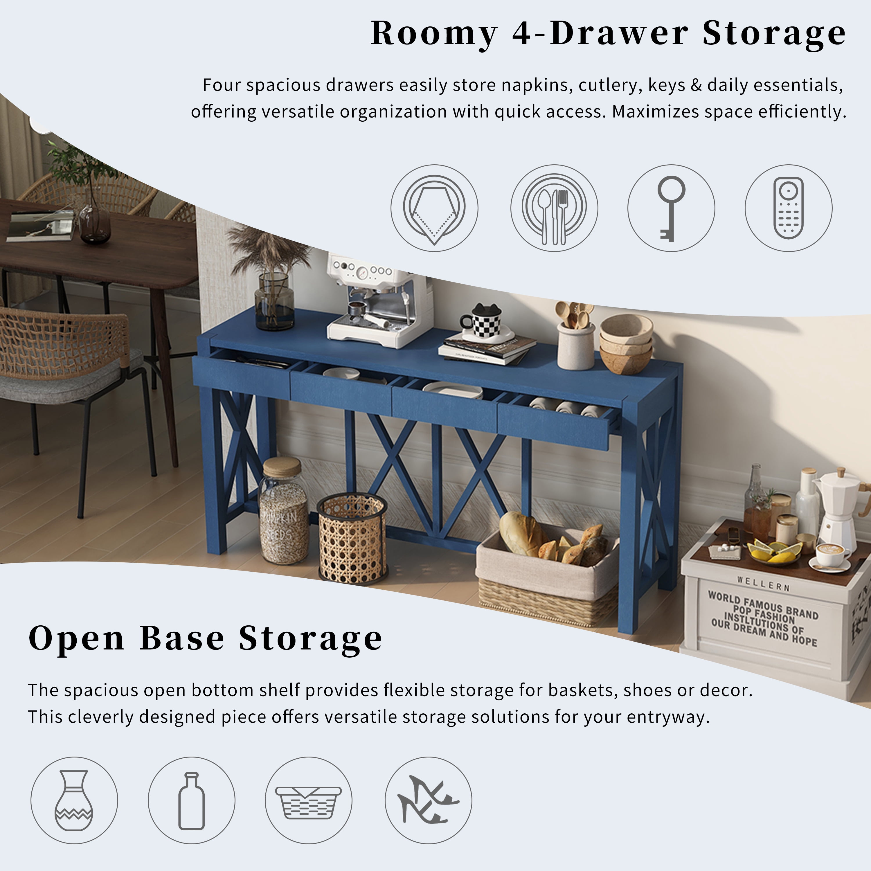 Euroco 60" Wood Console Table with 4 Drawers,Farmhouse Narrow Long Entryway Table Sofa Table with Open Bottom Storage for Living Room,Kitchen,Hallway,Navy Blue