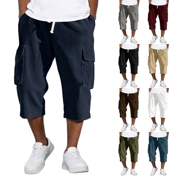 Men's Corduroy Cargo 3/4 Length Pants - Elastic Drawstring Waist Relaxed Fit for Casual, Sport, and Everyday Wear, Ideal for Spring and SummerArmy GreenL