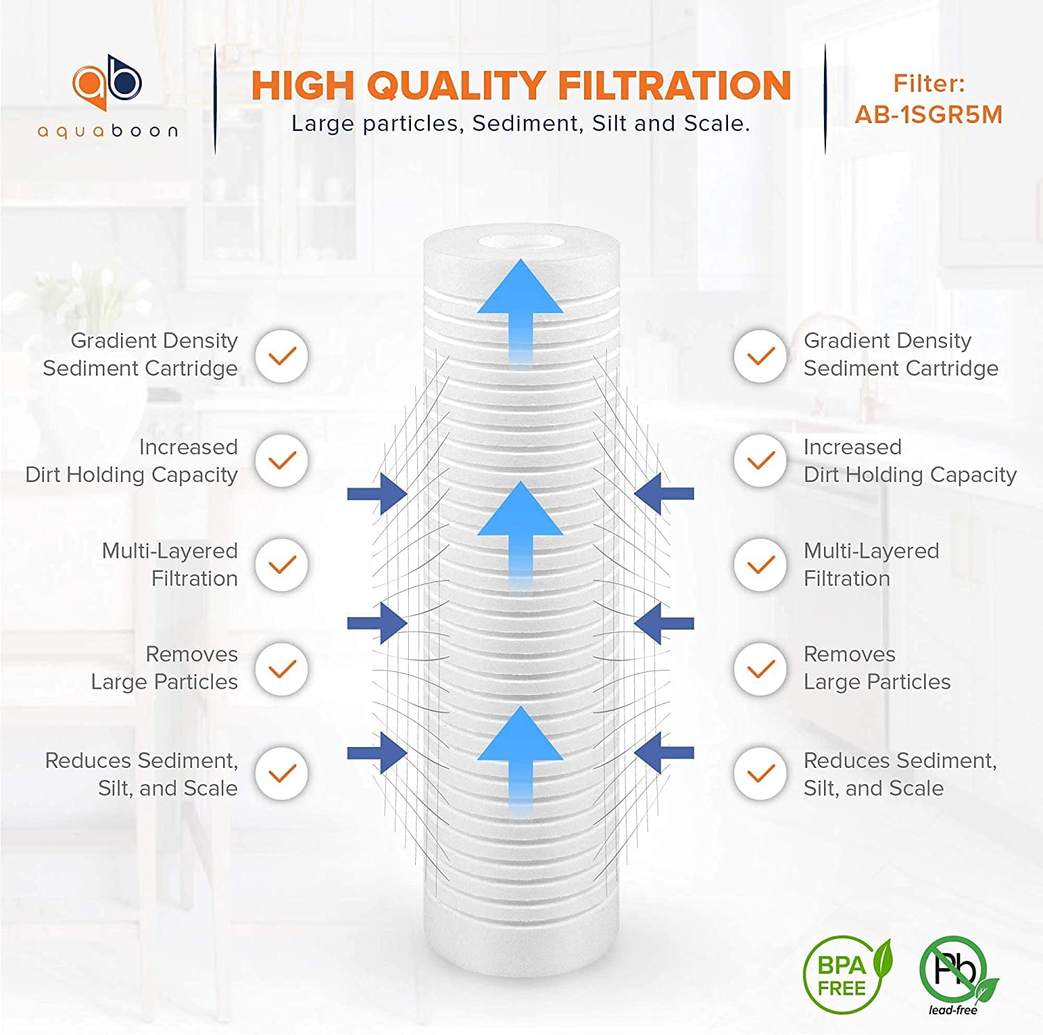 Aquaboon 5 Micron 10" x 2.5" Grooved Sediment Water Filter Replacement Cartridge for Any 10 inch RO Unit | Whole House Sediment Filtration | Compatible with P5, AP110, WFPFC5002, CFS110, RS14, 50-Pack