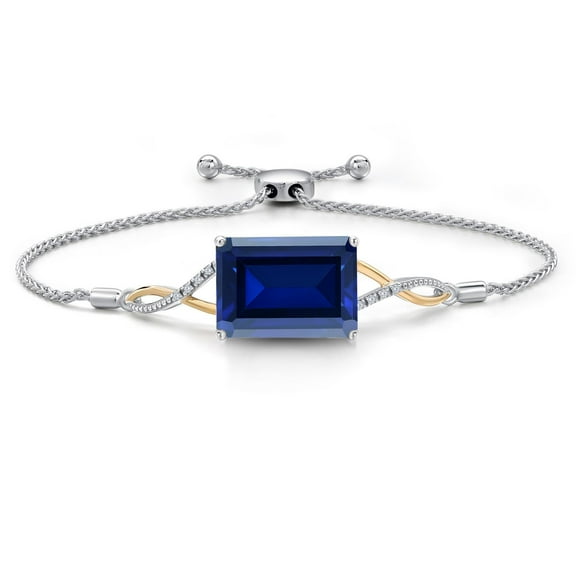Gem Stone King 17.56 Ct Blue Created Sapphire G/H Lab Grown Diamond 925 Silver and 10K Yellow Gold Bracelet