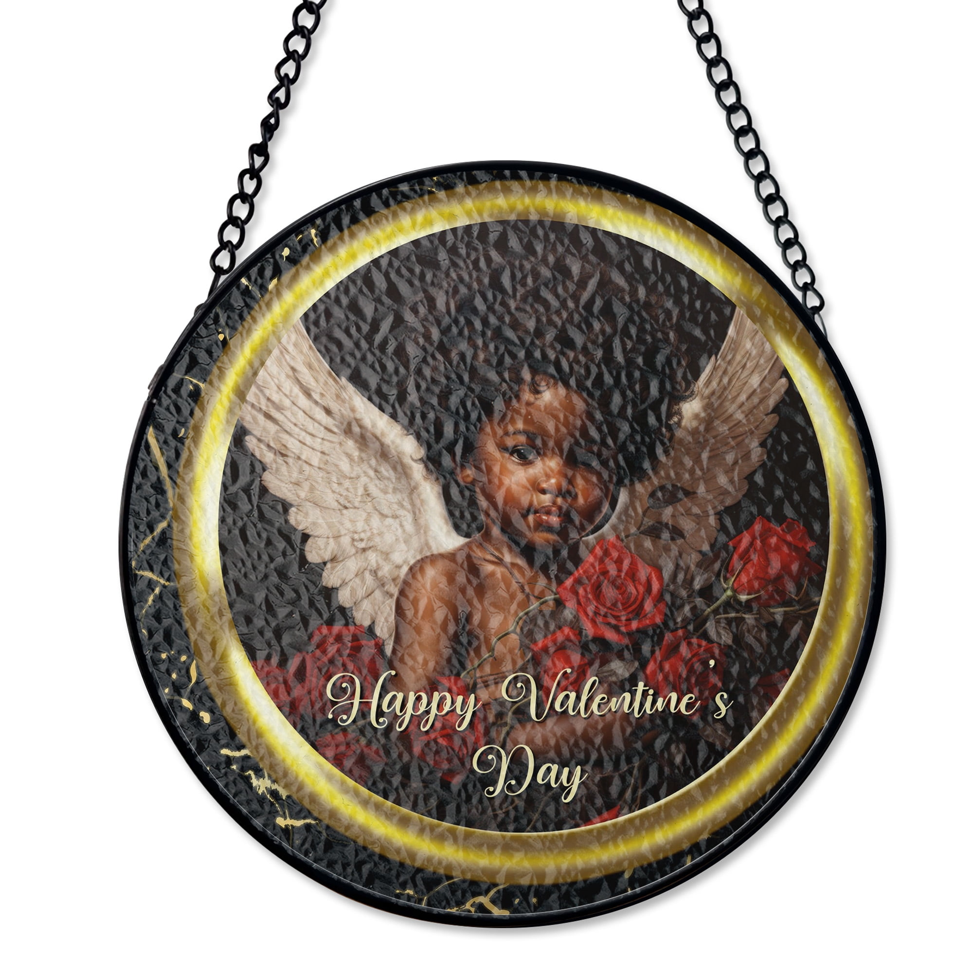 Happy Valentines Day Cupid With Roses Black And Gold Stained Glass Suncatcher Elegant Romantic Gift