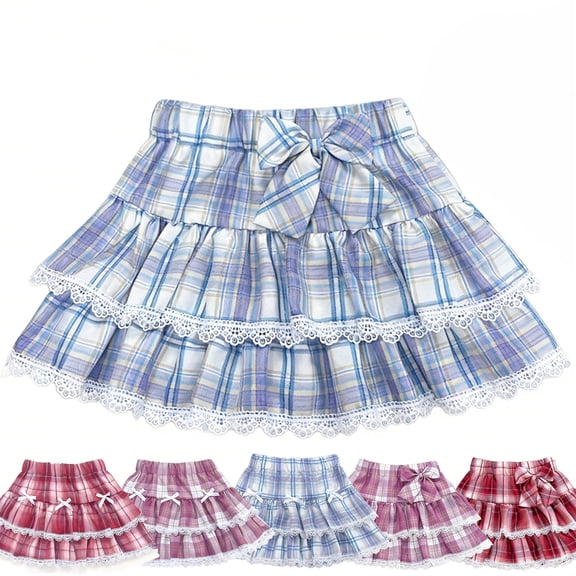 HWJAD Girls Plaid Ruffle Skirt Toddler Kids High Waist Layered Skirt with Lace Trim & Bow School Uniform Skirt for 1-12Y