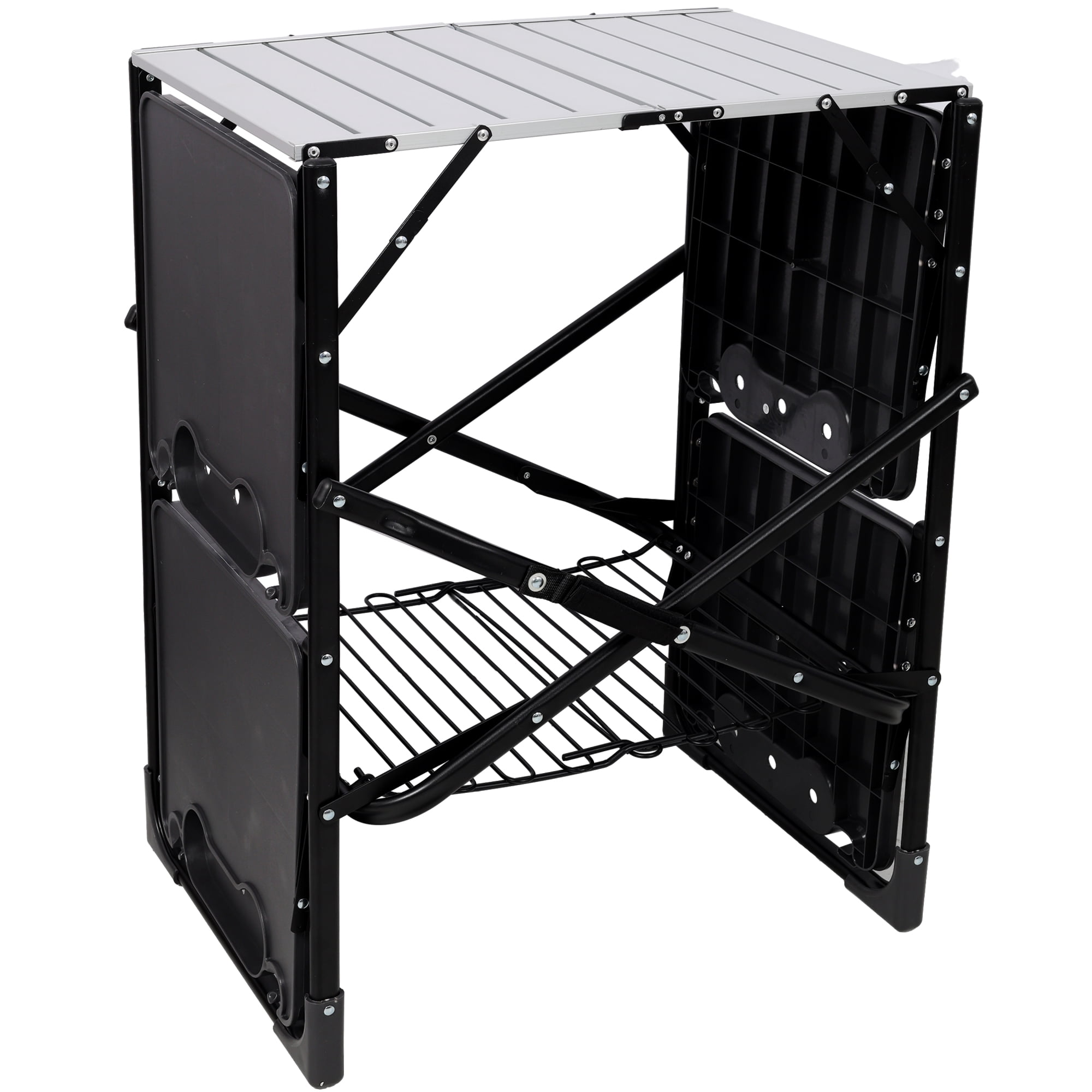 Leumius Portable Camping Kitchen Table with Heat Resistant Top,Folding Outdoor Cooking Station with 4 Side Tables,Storage Rack for Picnics,Camping,Trips,Black
