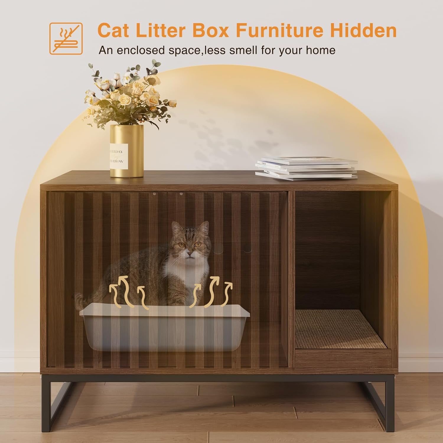 Vabches Hidden Cat Litter Box Enclosure Furniture, Multi-Functional Cat Washroom Bench with Cat Scratching Pad and Fluted Doors