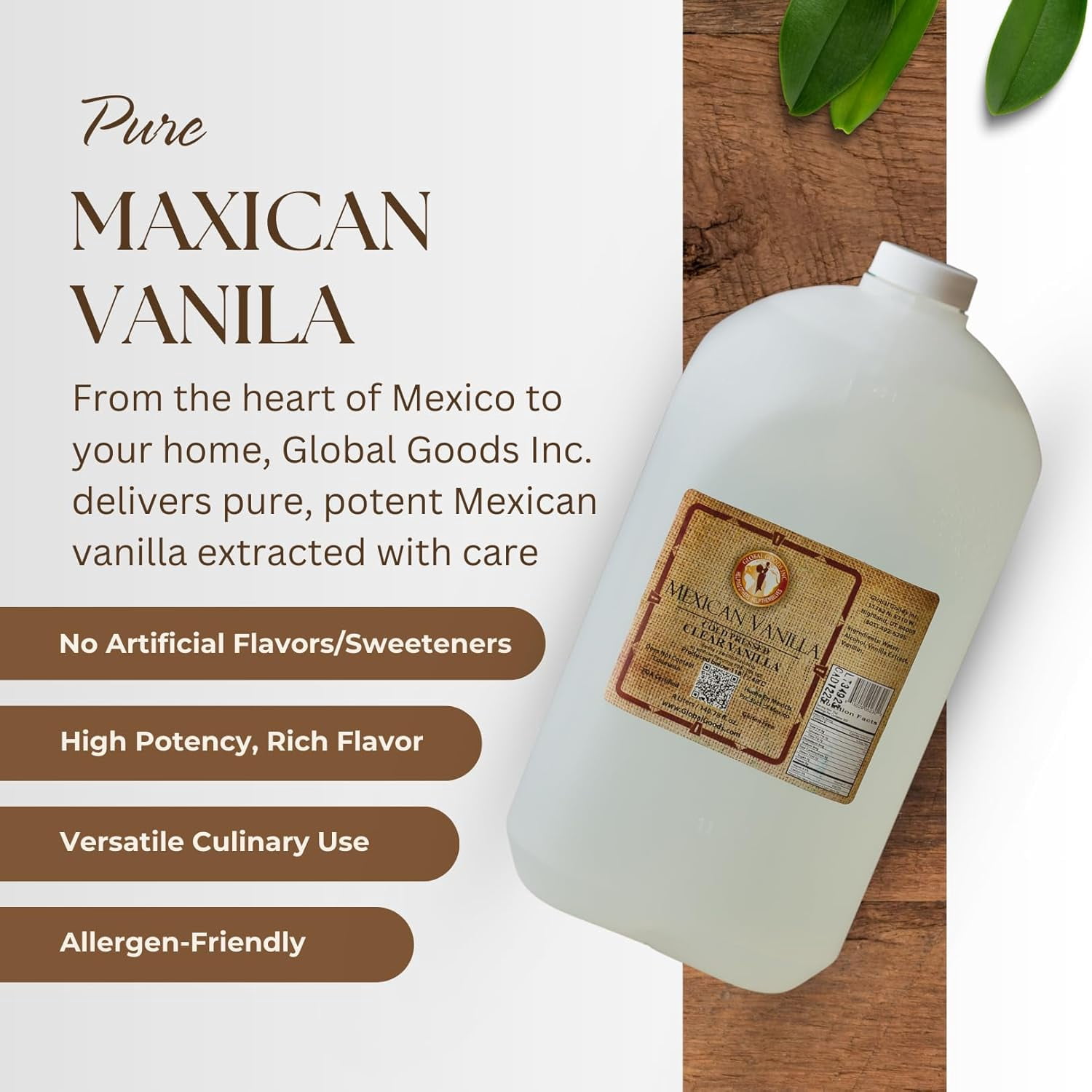 Pure Clear Mexican Vanilla Extract Gluten Free, Coumarin Free Vanilla for Baking 135.25 fl oz bottle