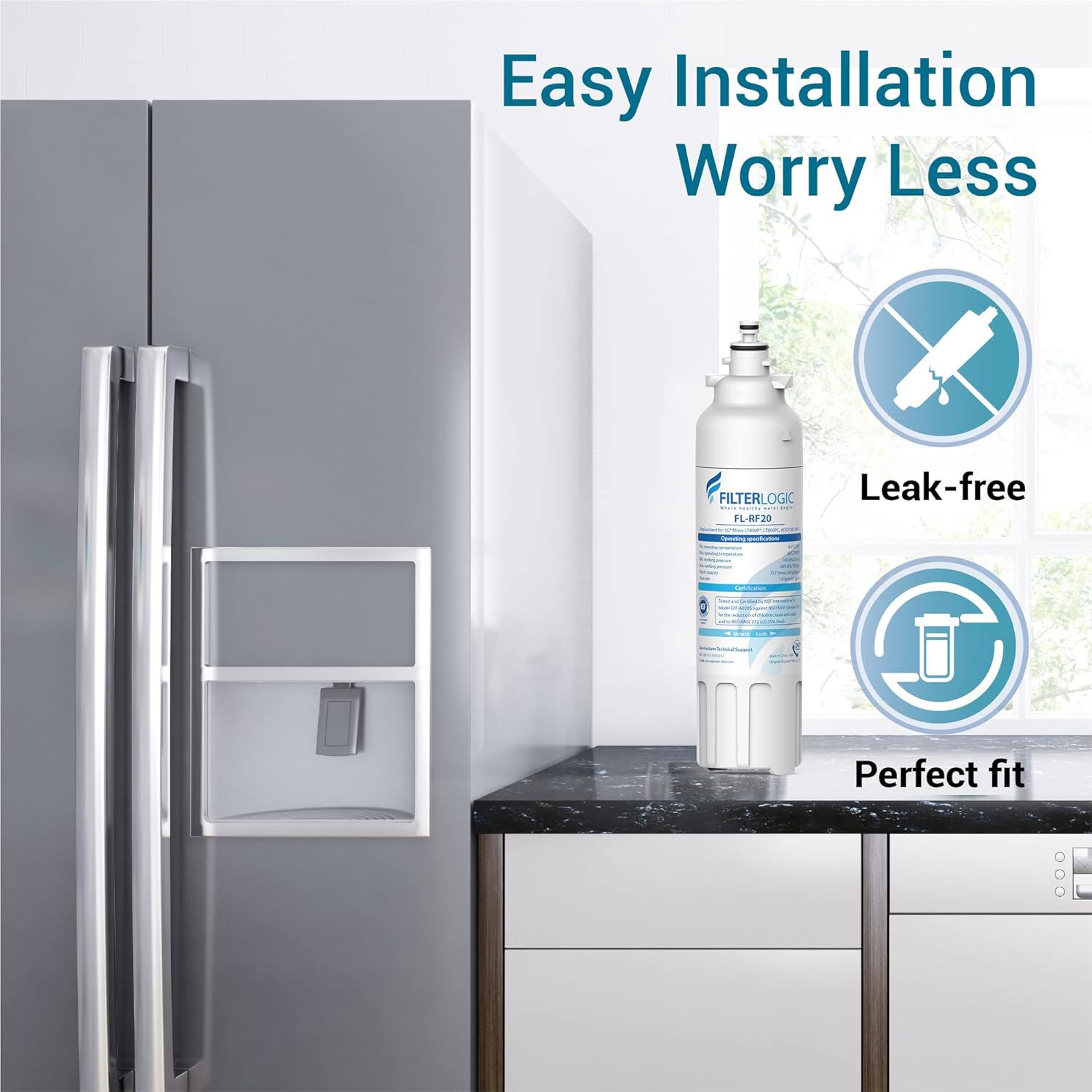 Filterlogic ADQ73613401 Refrigerator Water Filter, Replacement for LG® LT800P®, LT800PC, ADQ736134, ADQ73613402, LSXS26326S, LSXS26366S, LMXS30776S, LSXS26366D, LMXC23746S, 46-9490, 469490, Pack of 2