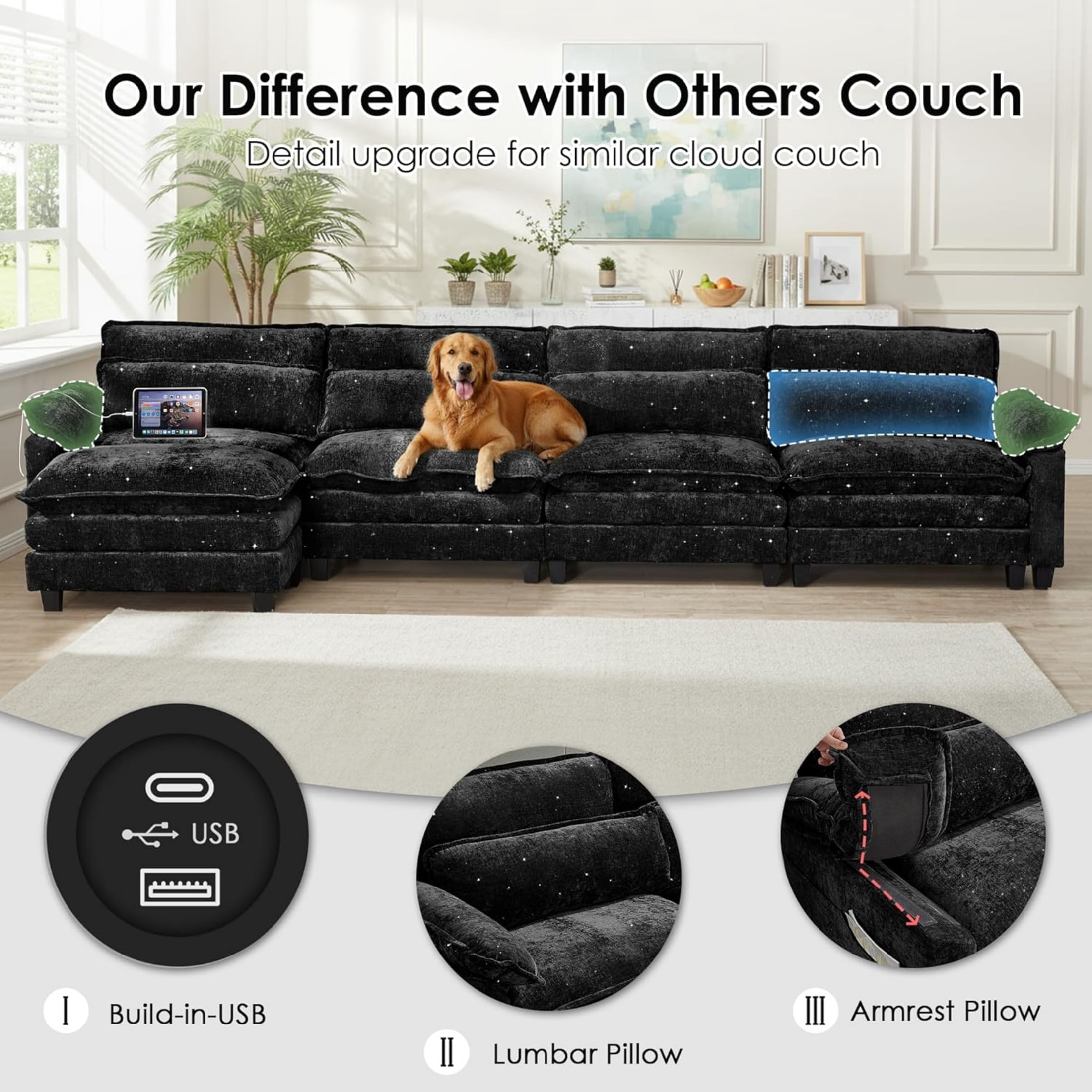EPOWP Cloud Modular Sectional Sofa with Movable Ottoman, Comfy L Shaped Couch for Living Room, Chenille, 5-Seat, Stardust Black