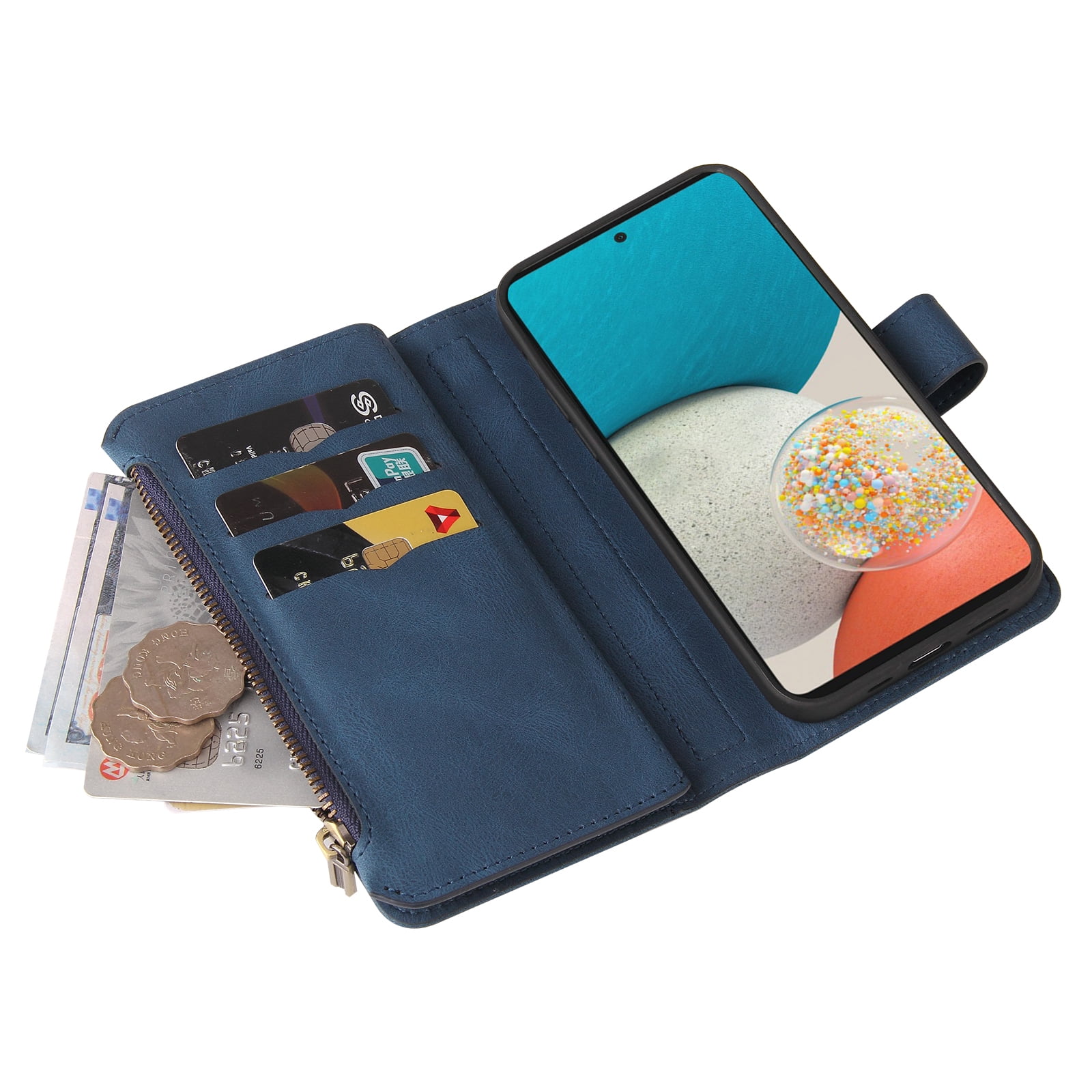 Phone Case for Samsung Galaxy A53 5G, Galaxy A53 5G Wallet Case, Luxury Folio Flip Leather Cover [Zipper Pocket] [Wrist Strap] [Kickstand] for Samsung Galaxy A53 5G 6.5 inch,Blue
