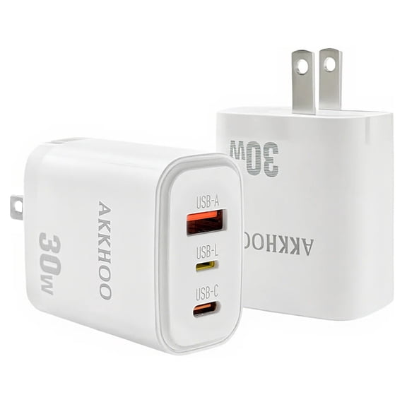 AKKHOO 30W 3-Port Usb-c Wall Charger, Foldable Fast Charger for MacBook, Laptop, iPhone, Samsung, Tablet
