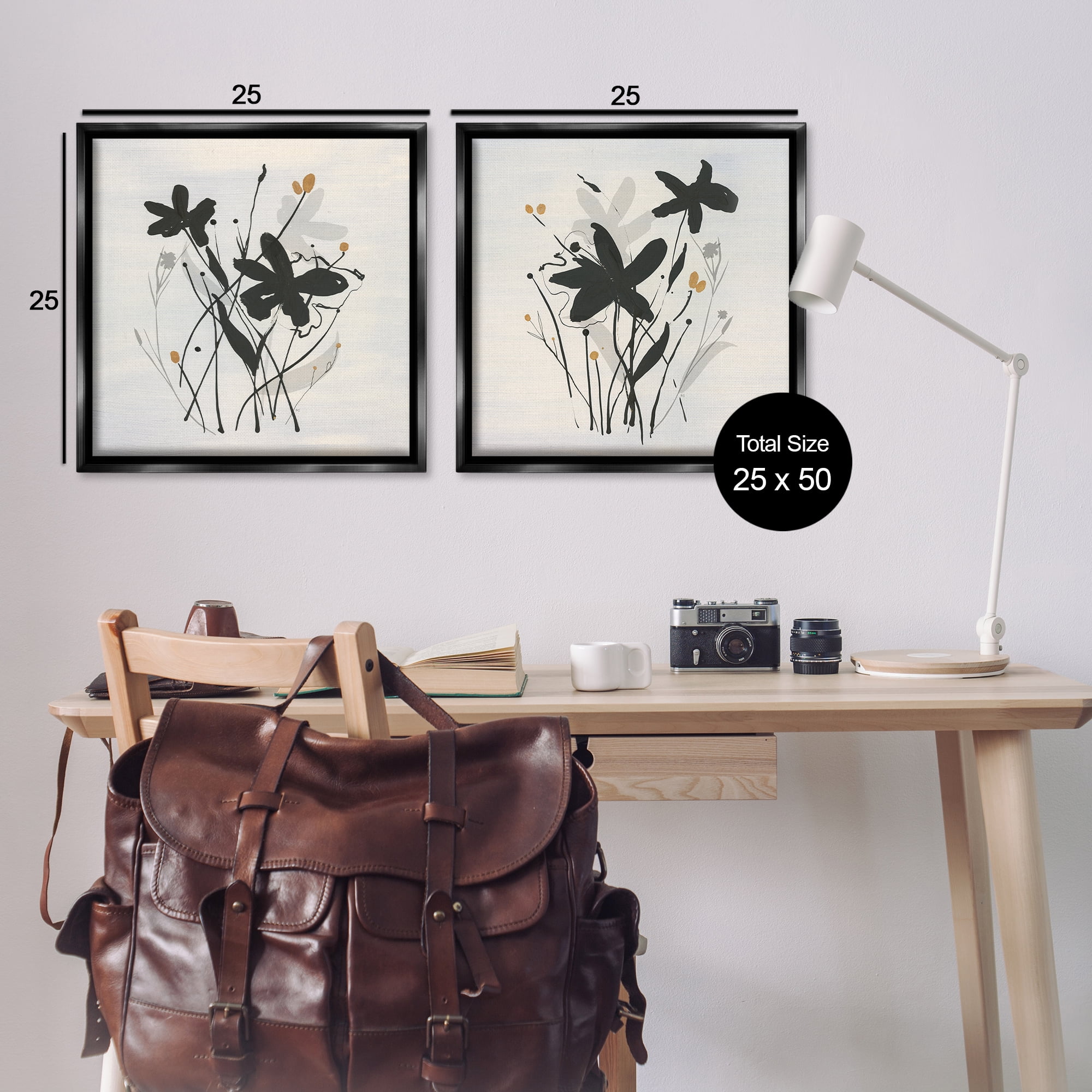 Stupell Industries Contemporary Floral Sprigs Plants & Flowers Painting Black Floater Framed Canvas Art Print Wall Art, 25 x 25, Set of 2