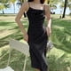 thumbnail image 4 of Vestido con tirantes para mujer, falda delgada plisada con abertura de temperamento de color sólido y tirantes, negro, L, 4 of 6