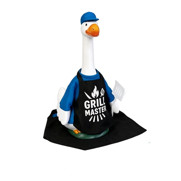 Porch Goose Outfit, Grill Master BBQ Costume with Blue Cap & Shirt, Outdoor Patio Backyard Barbecue Decor for Garden Lawn Goose