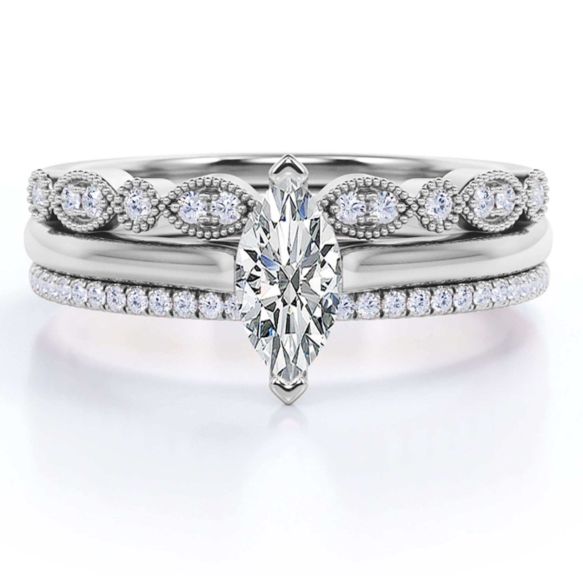 JeenMata 2 Prong Pave Set - 1.75 Carat Marquise Cut - Art Deco Milgrain Filigree - Solitaire Engagement Ring - Trio Bridal Ring Set - 18K White Gold Plating over Silver