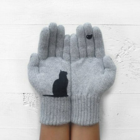 

Tangnade Fashion Ladies Woolen Gloves Autumn And Winter Outdoor Warm Cat Printing Gloves