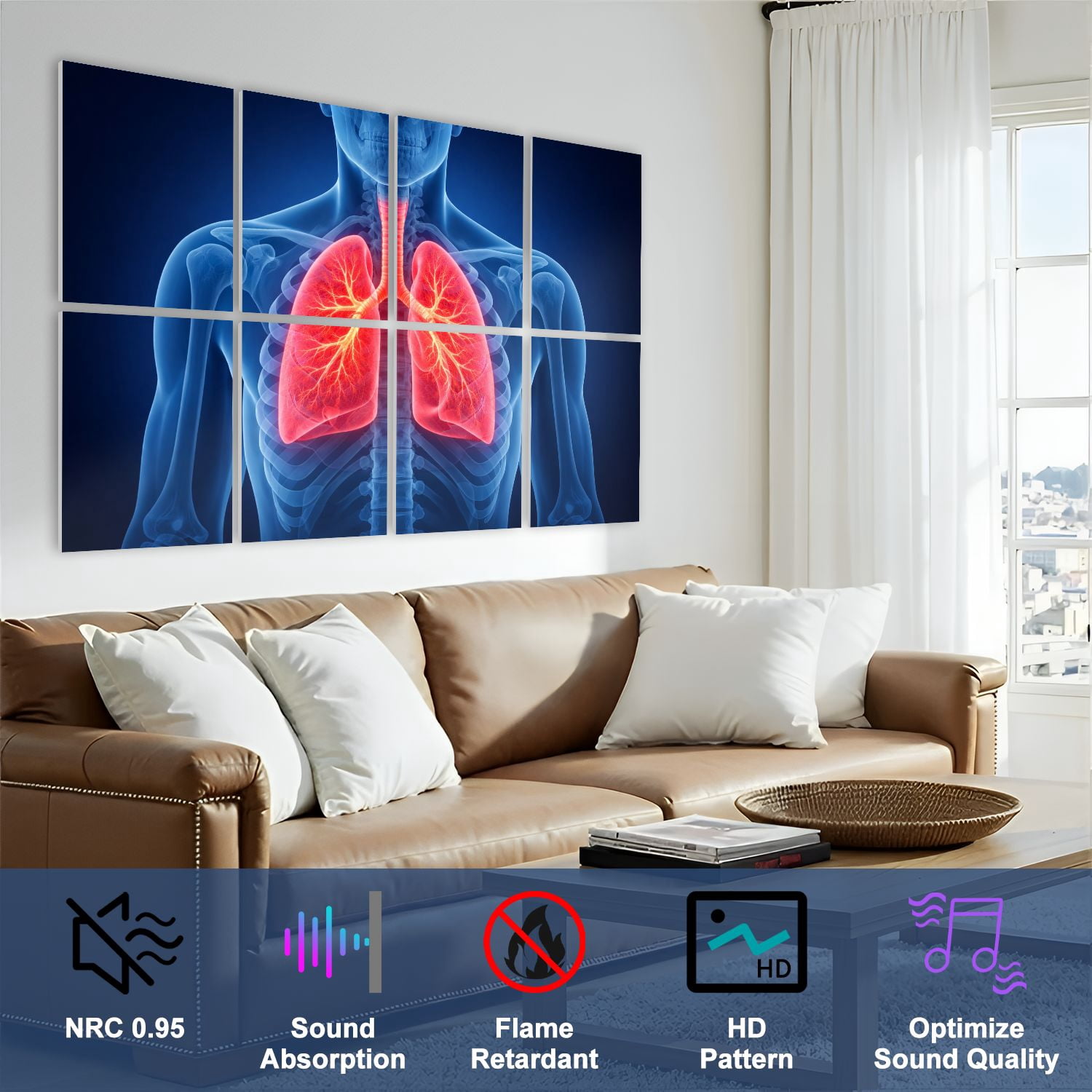 Medical 8 Pack Art Acoustic Panels Sound Absorbing Human Anatomy Lungs Detailed Structure Decorative Soundproof Wall Panels Self Adhesive for Classroom Hospital 48"x32"