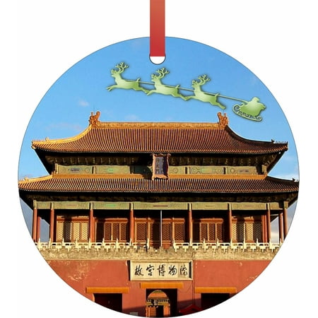 Santa and Sleigh Over The Forbidden City - China TM - Double-Sided Round-Shaped Flat Aluminum Christmas Holiday Hanging Ornament with a Red Satin Ribbon. Made in the USA!