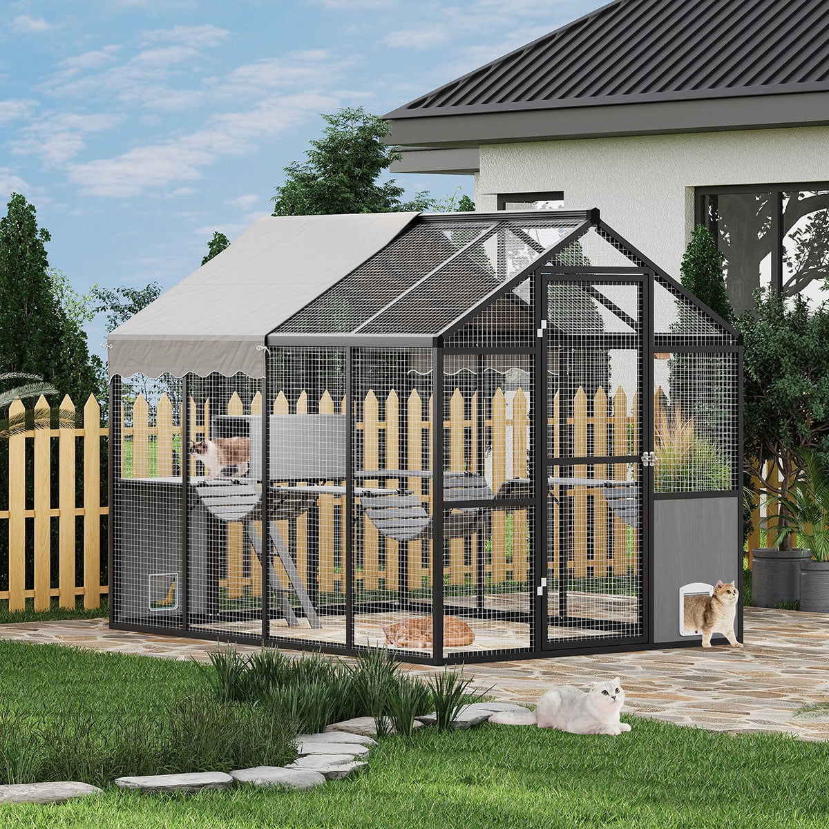 Aluminum Walk-In Large Outdoor Cat Enclosure,Large Outdoor Catio for Multiple Cats, Outside Cattery with Weatherproof Roof with Channels,Side Door,UV Proof Cover,Huge Condo,Platform(ship in 2 boxes)