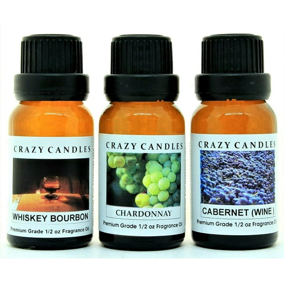 Crazy Candles 3 Bottle Set: Whiskey Bourbon, Chardonnay, Cabernet 1/2 Fl Oz Each (15ml) Premium Grade Scented Fragrance Oil Made in USA