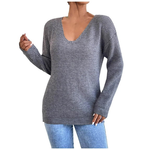 Warm Sweaters For Women Sevevn Women's V Neck Long Sleeve Open Back Knit Loose Oversized Pullover Sweater Top