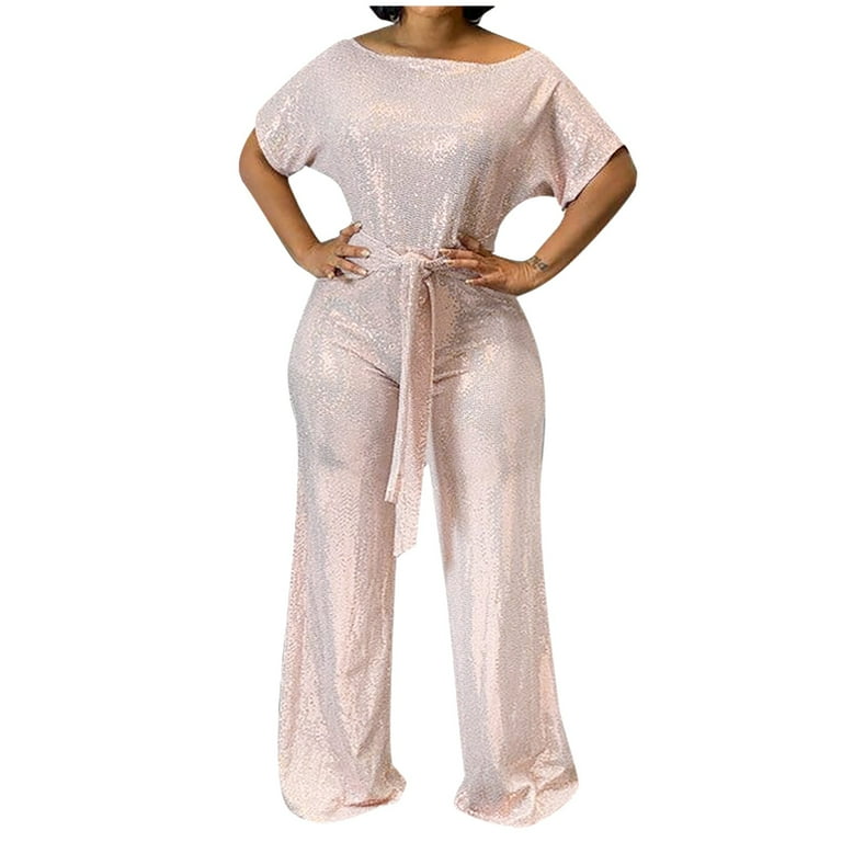 JDEFEG Sequin Jumper Women s Stylish Dress Pants Set Banquet Evening Dress Pant Jumpsuit Elegant Off Shoulder Colorful Bright Fashion Jumpsuit