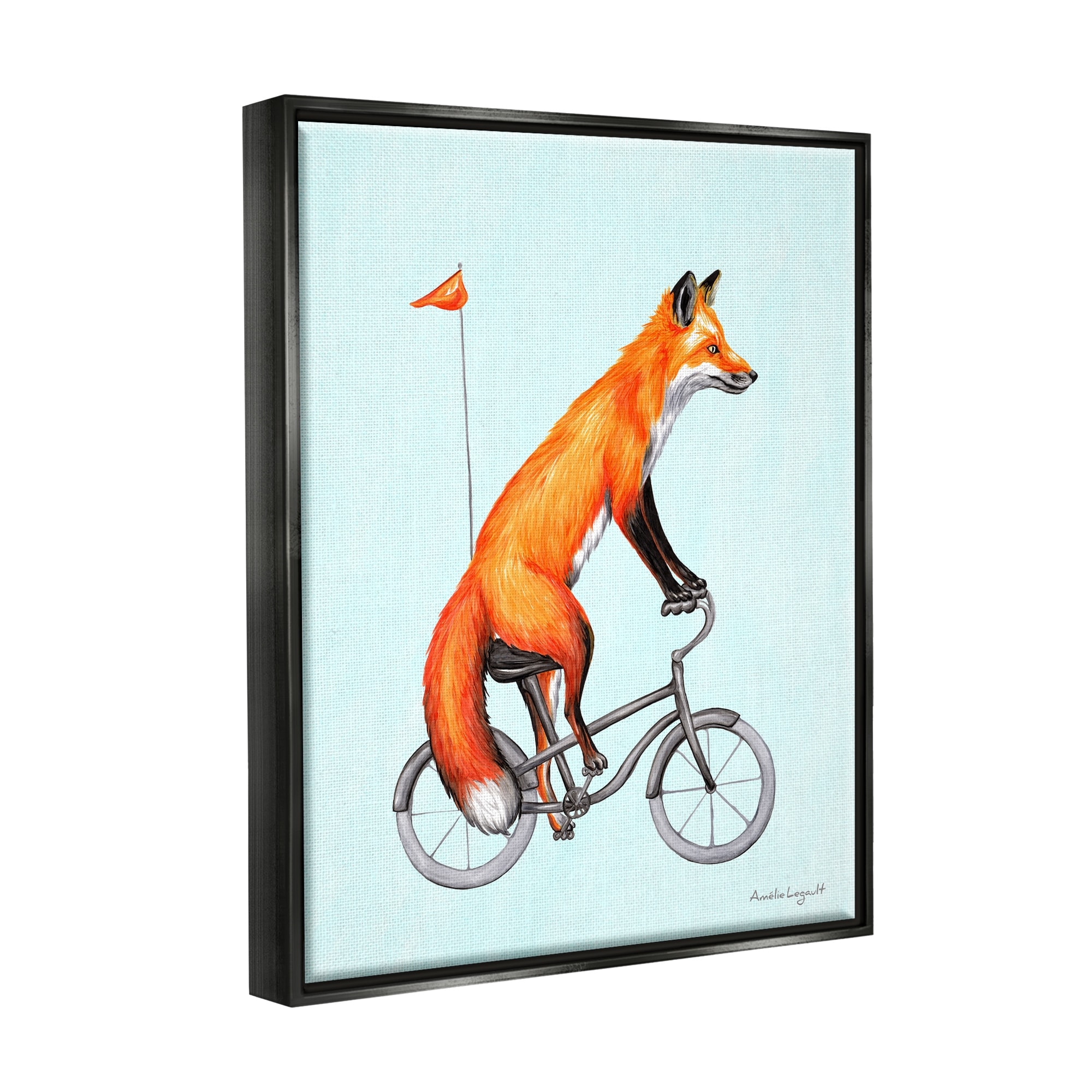 Stupell Industries Eccentric Red Fox Riding Bicycle Biking Flag Graphic Art Jet Black Floating Framed Canvas Print Wall Art, Design by Amelie Legault