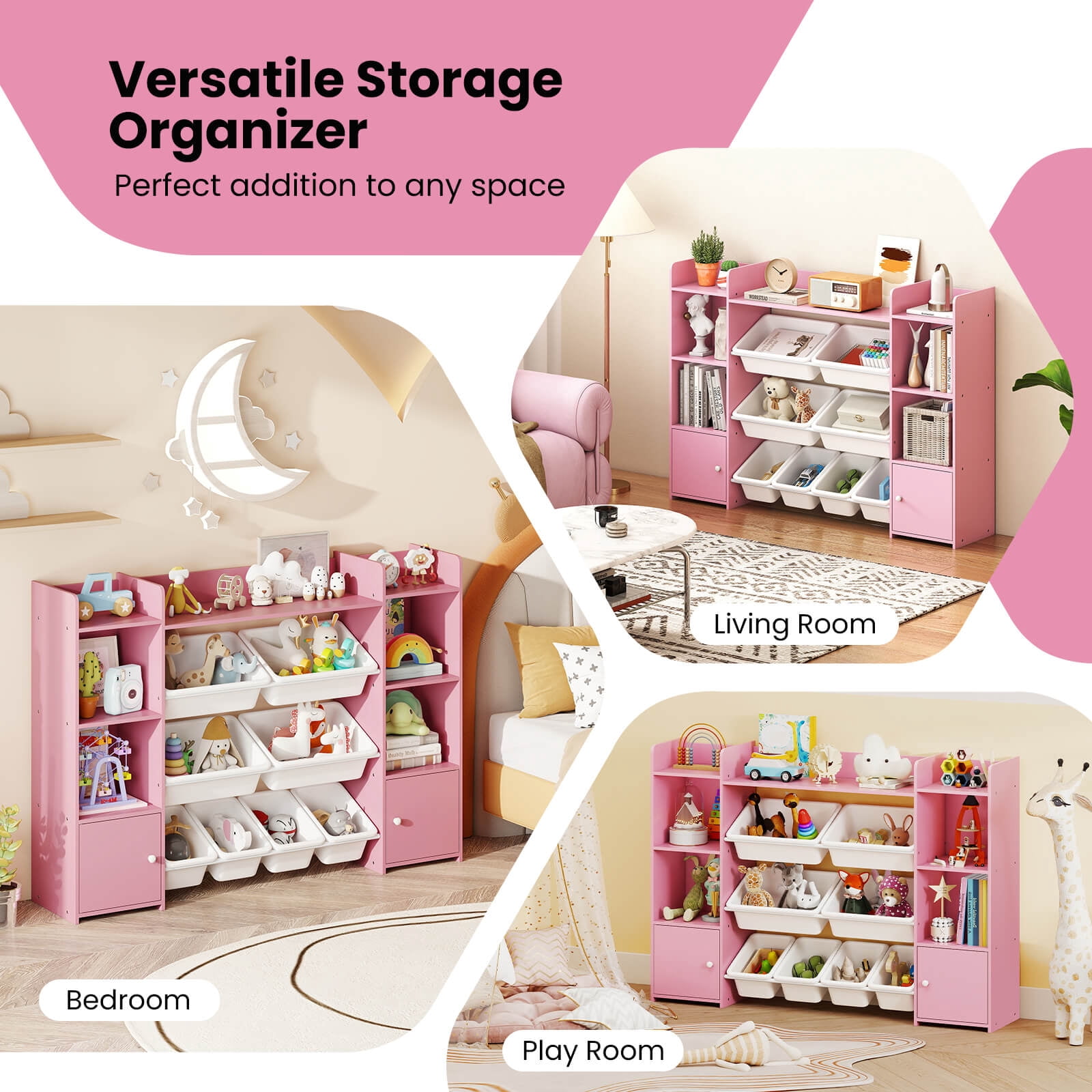 Costway 4-Tier Large Storage Cabinet with 6 Cubbies & 8 Removable Bins Bookshelf Pink
