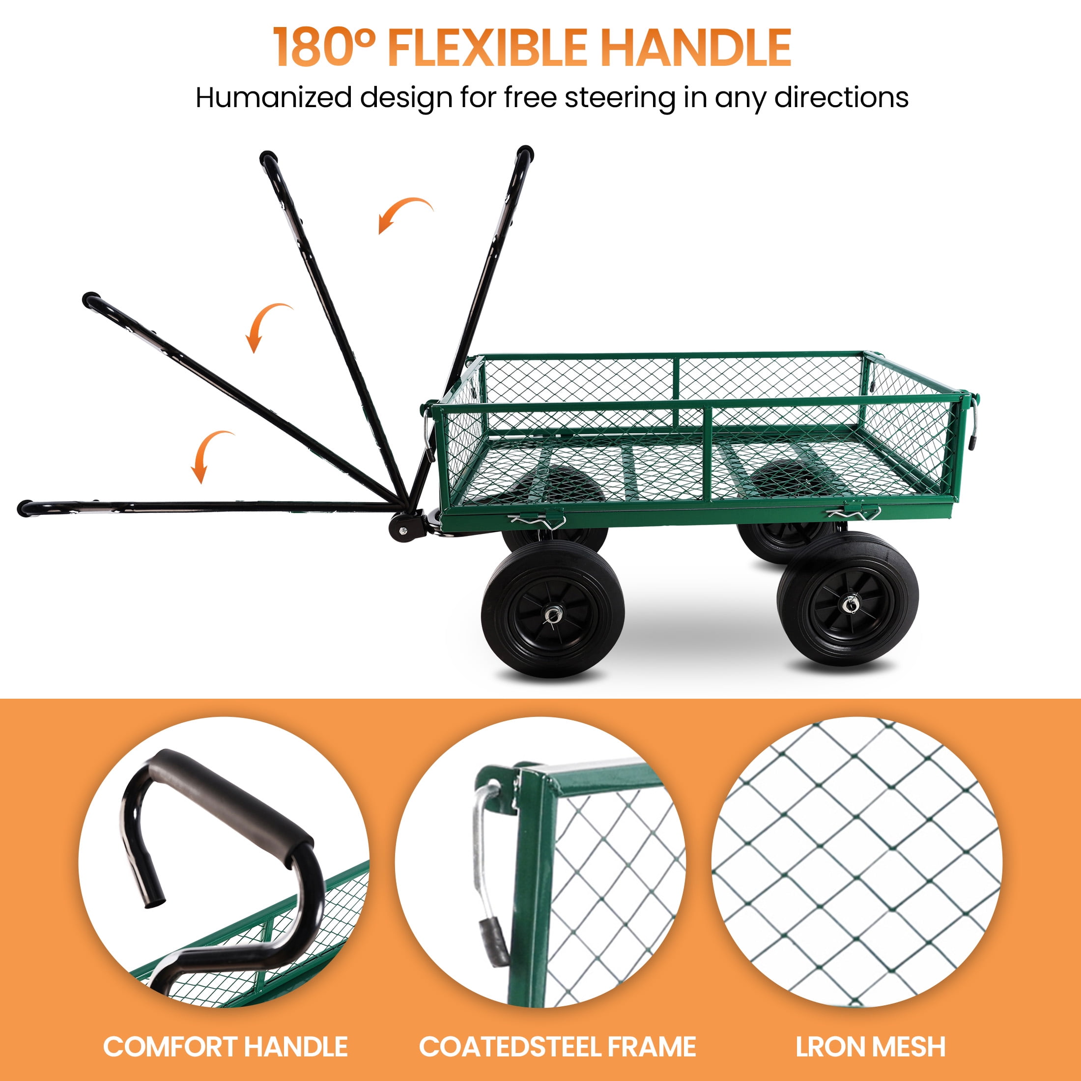 Aukfa Mesh Steel Wagon Cart with Removable Sides, Garden Cart Heavy Duty Utility Wagon with Rotating Handle/10'' Tires for Garden Yard, Green