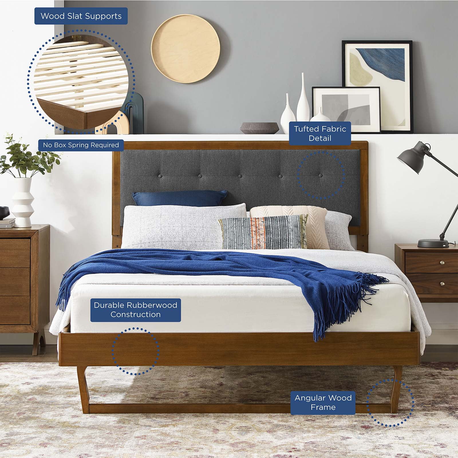 Platform Bed Frame, King Size, Wood, Brown Walnut Grey Gray, Modern Contemporary Urban Design, Bedroom Master Guest Suite