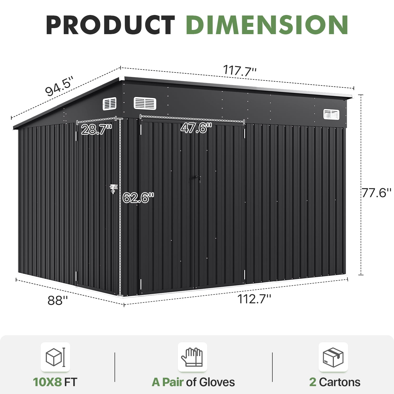 BaPiPro 10'x8' Lean-to Metal Storage Shed, Outdoor Lockable Shed with Triple Doors & Vents for Garden, Backyard, Patio - Black