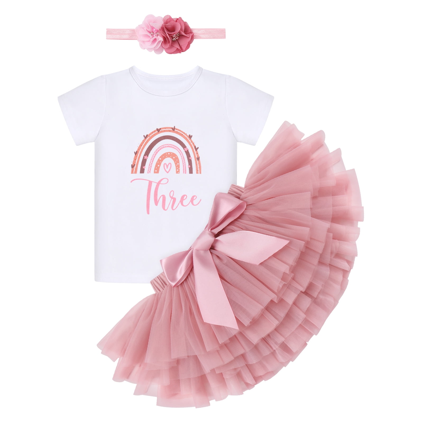 FYMNSI Baby Girls Birthday Outfit Cake Smash Outfit Romper Ruffle Tulle Tutu Skirt with Headband Clothes Set 3T 3# Dusty Pink Fl