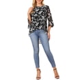 thumbnail image 2 of INSPIRE CHIC Women's Floral High Low Tops Scoop Neck Chiffon Blouse Asymmetrical Shirt 3/4 Bell Sleeve Casual Summer Tops S Black, 2 of 6