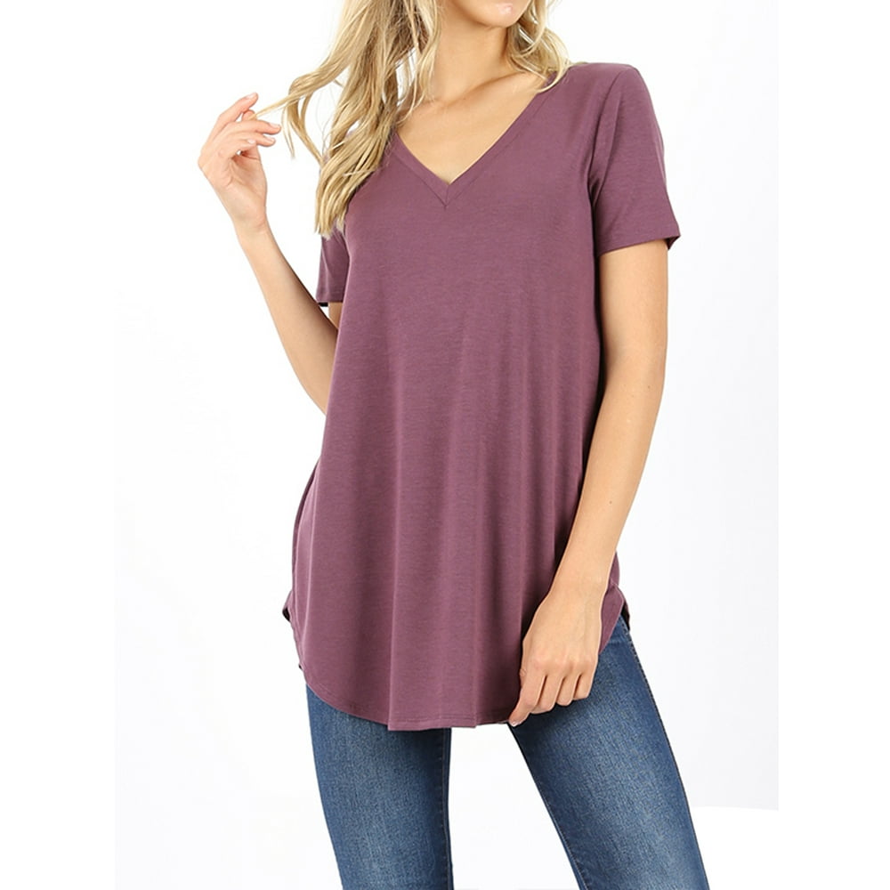 TheLovely Women Short Sleeve V Neck Round Hem Relaxed Fit Casual Tee