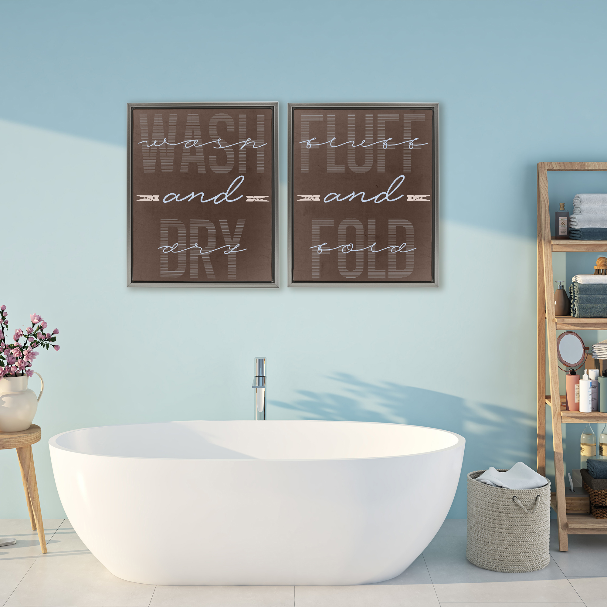 Laundry Words in Brown 2 Piece Gray Framed Floater Canvas Set, design by Marcus Prime