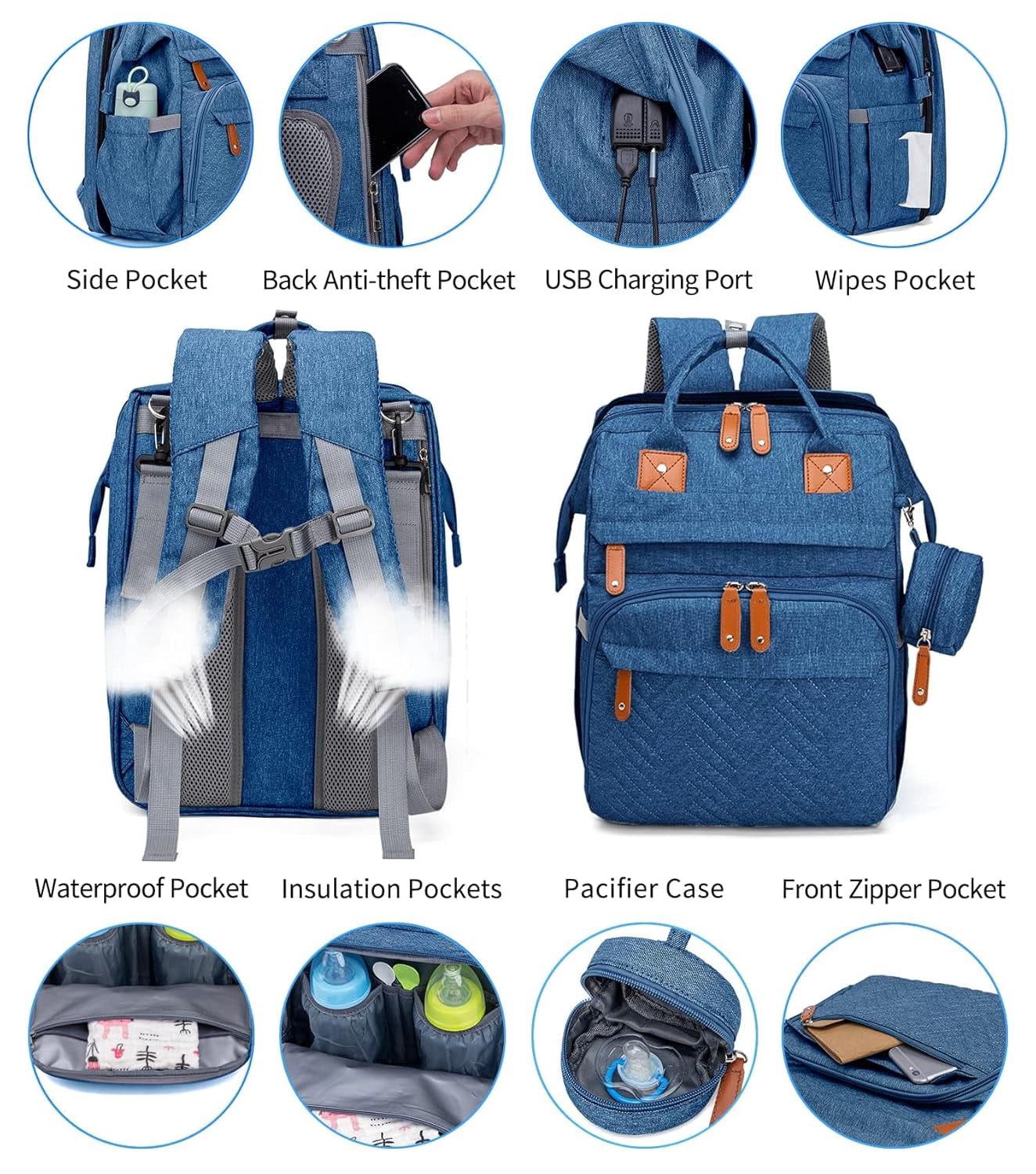 Diaper Bag Backpack, Large Baby Diaper Bags for Boys Girls, Baby Bag with USB Charging Port, Multifunction Waterproof Travel Back Pack for Moms Dads, Blue