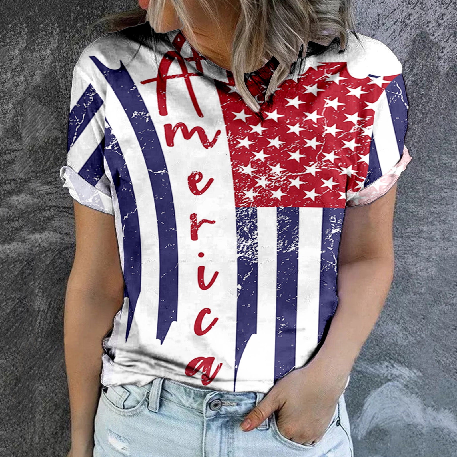 Womens American Flag Shirt Short Sleeve Round Neck Usa Independence Day 4th Of July Flag Top