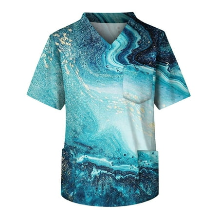 

The Last Sale of Summer! HIMIWAY Scrubs for Men 2023 Loose Plus Size Overexposed Marbling V-Neck Short Sleeves Shirt Sky Blue M