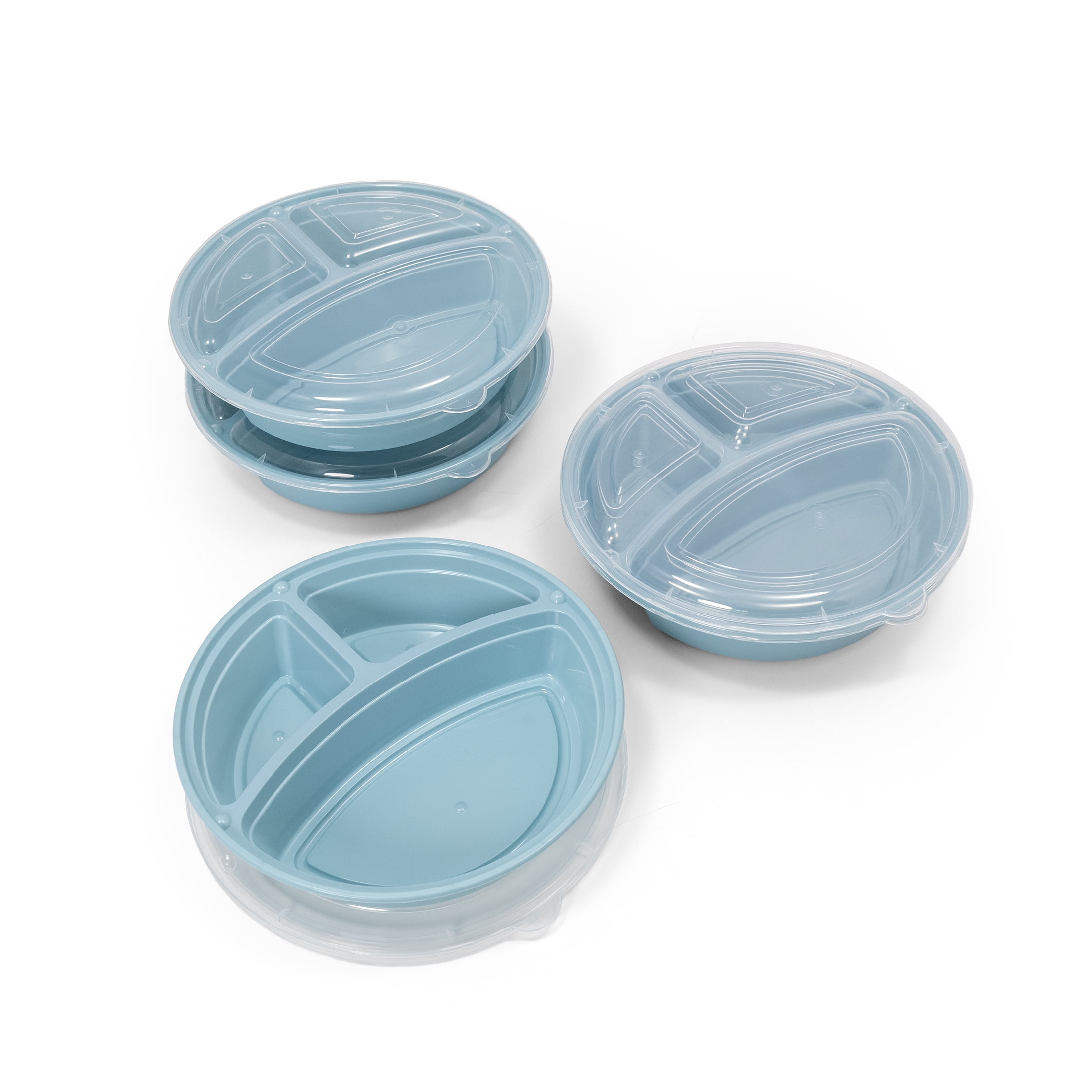 Mainstays 5-Pack 3-Compartment Round BPA-Free Plastic Meal Prep Food Storage Containers, 1L, Blue Cameo