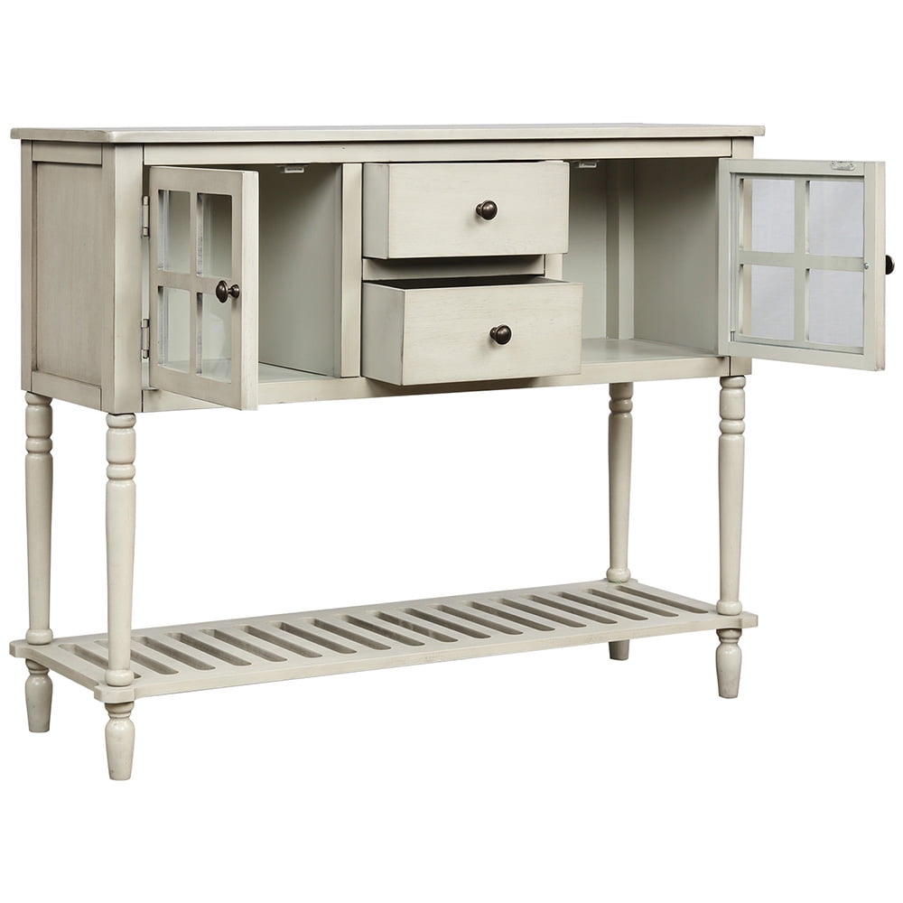 Lowestbest Sideboard Console Table, Farmhouse Wood Storage Cabinet with Glass Bottom Shelf, Entryway Accent Sofa Table for Living Room