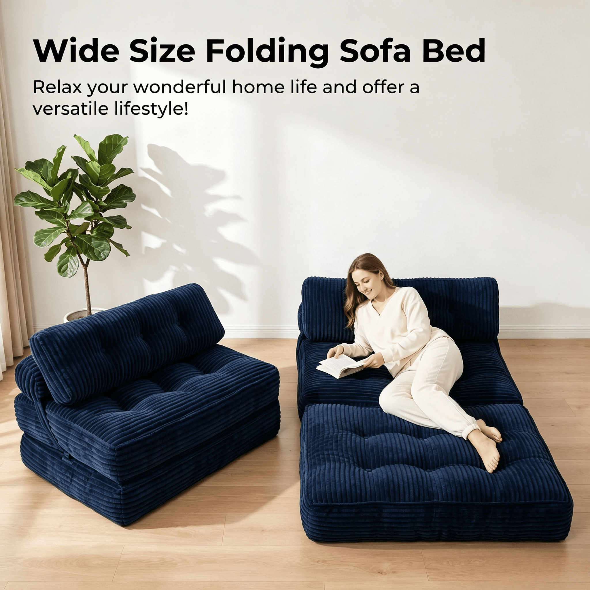 Howcool Corduroy Folding Sofa Bed,3 in 1 Convertible Sleeper Chair with Pillow & Lumbar Pillow,Boneless Floor Sofa Couch Lounge Chair for Living Room Dorm,Navy