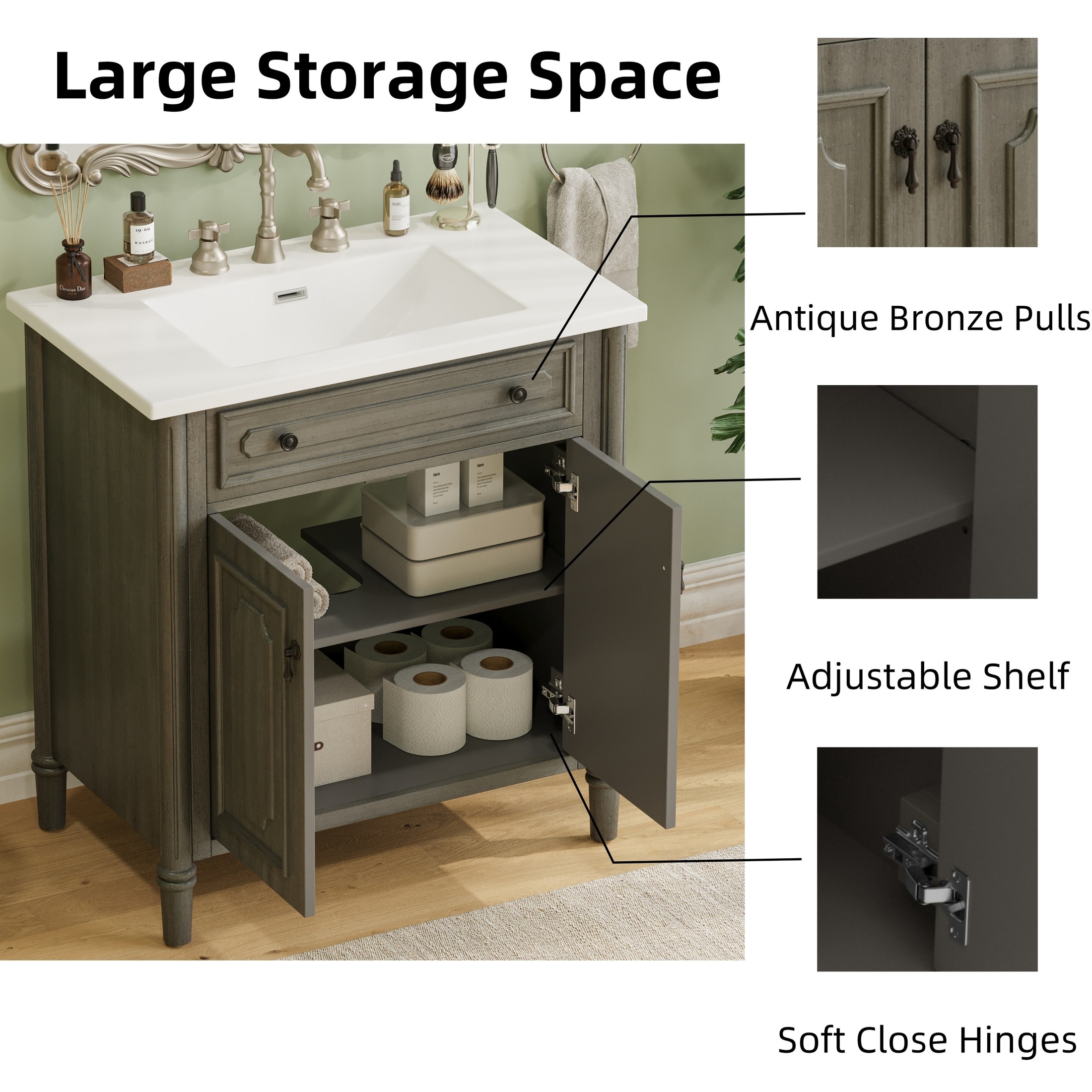 Christopher Knight Home 31" Vintage Bathroom Vanity, Curved Profile MDF Cabinet with Ceramic Sink, Gray