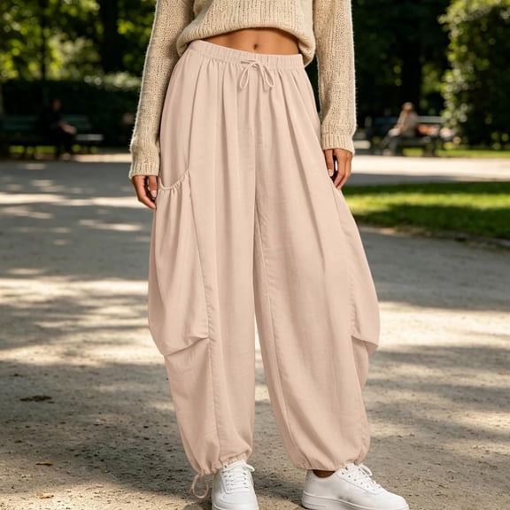 Women's High Waist Casual Loose Pants Drawstring Solid Side Pocket Trousers